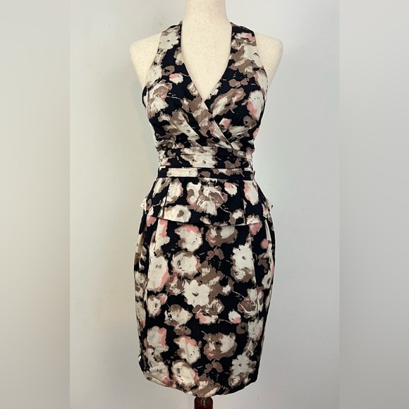 Mcginn 'Halter Dress Women’s Sz 4 Black Abstract Floral 100% Silk Wedding Guest - Picture 1 of 9